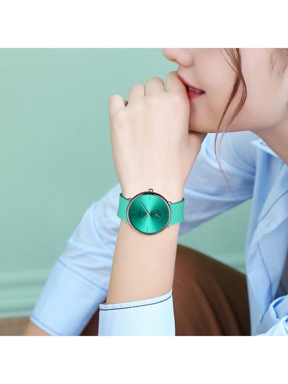 Crrju Men's Light Green Waterproof Quartz Unisex Ultra Silicone Band Round Watch - Picture 2 of 6